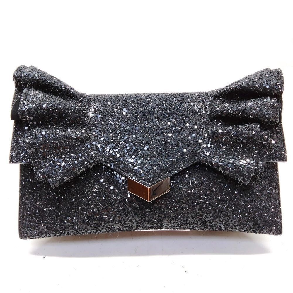 Auth Jimmy Choo Black Glitter Isabella Bow Clutch Evening Bag